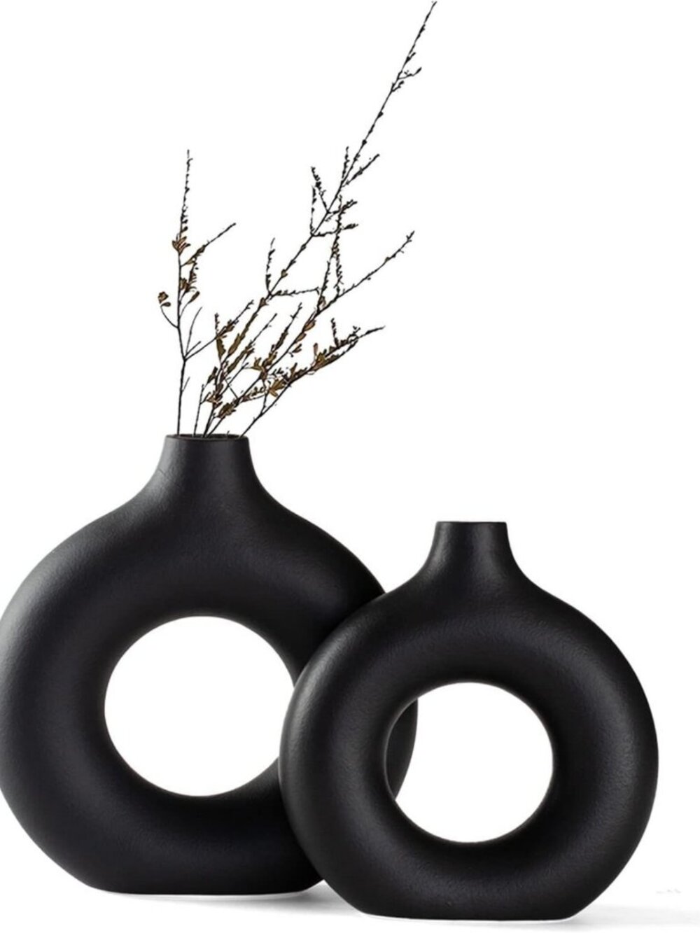 Set of 2 Black Ceramic Donut Vases - Matte Hollow Round Pampas Flower Decor